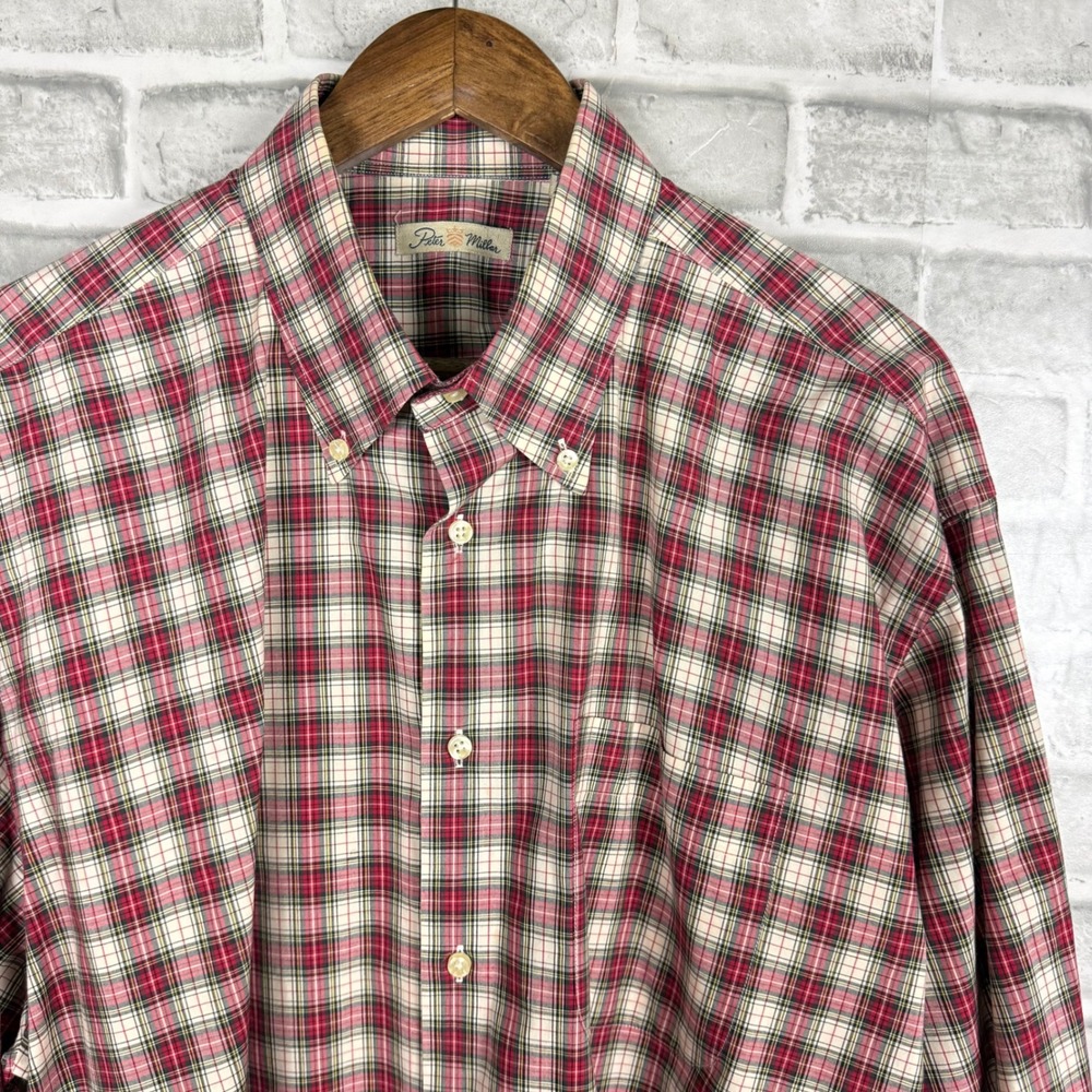 Peter Millar Mens XL Long Sleeve Button Down Plaid Shirt Red Cream Green Turkey